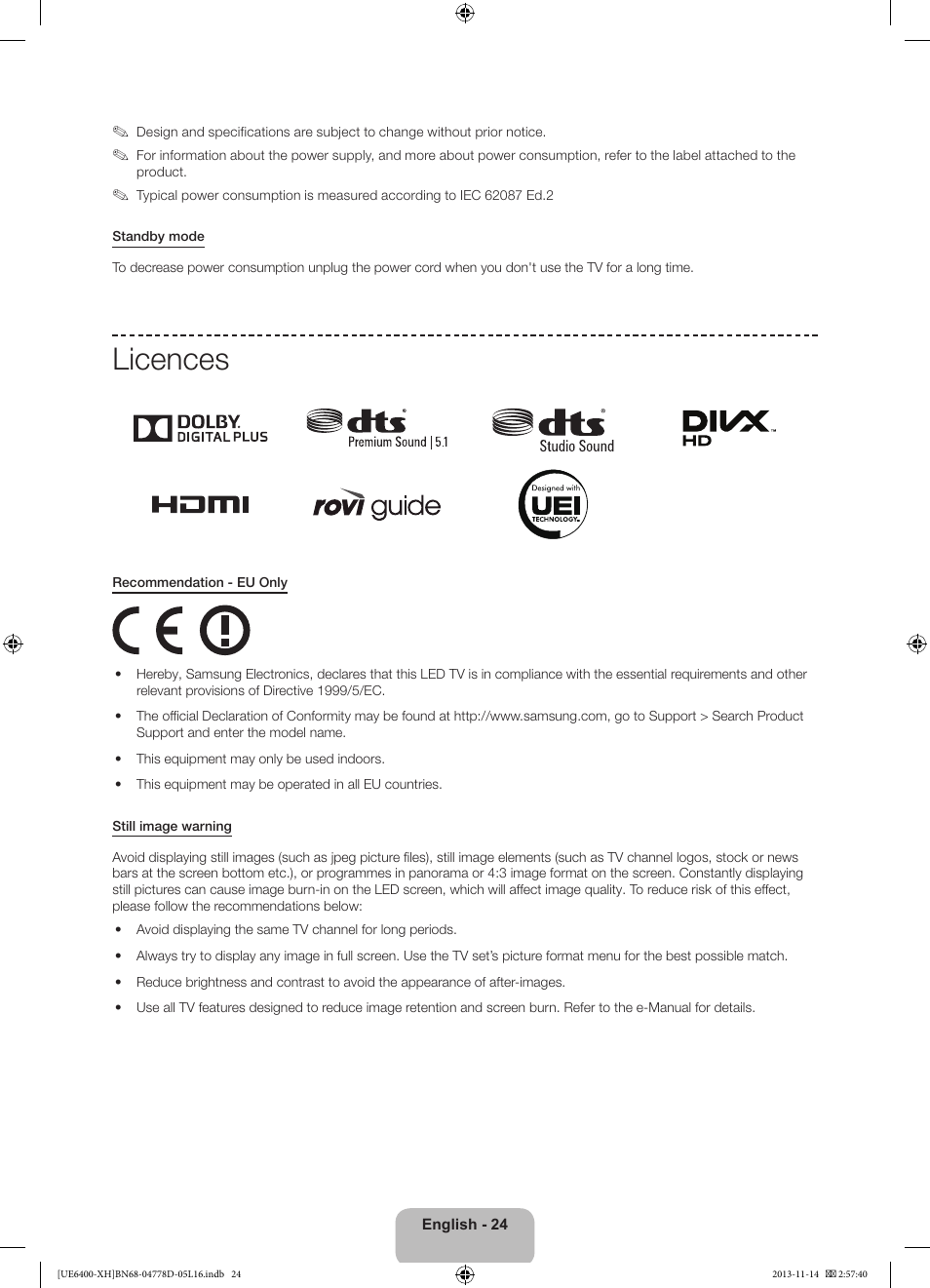 Licences | Samsung UE40F6400AK User Manual | Page 24 / 385