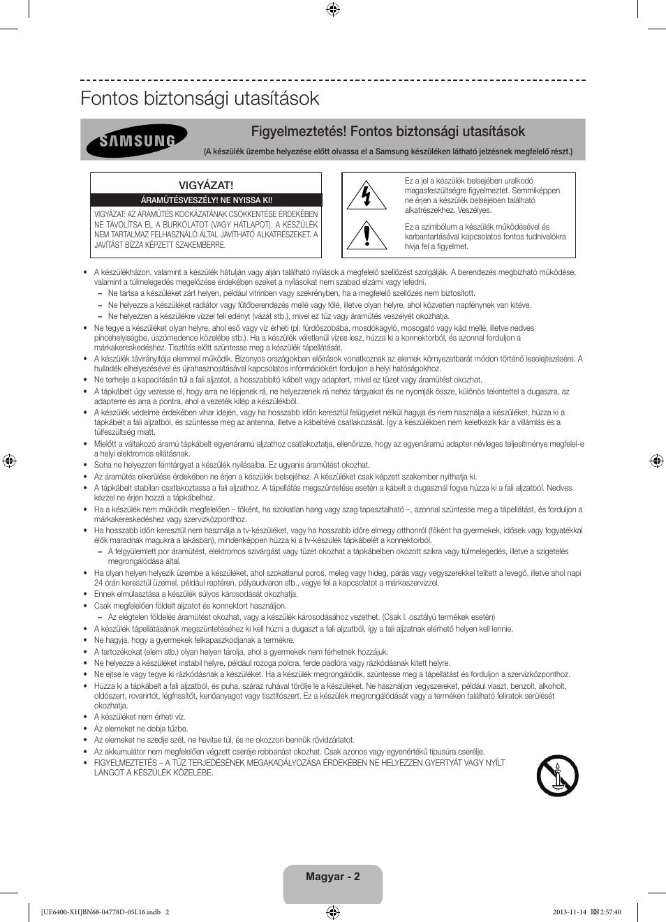 Fontos biztonsági utasítások, Figyelmeztetés! fontos biztonsági utasítások | Samsung UE40F6400AK User Manual | Page 26 / 385