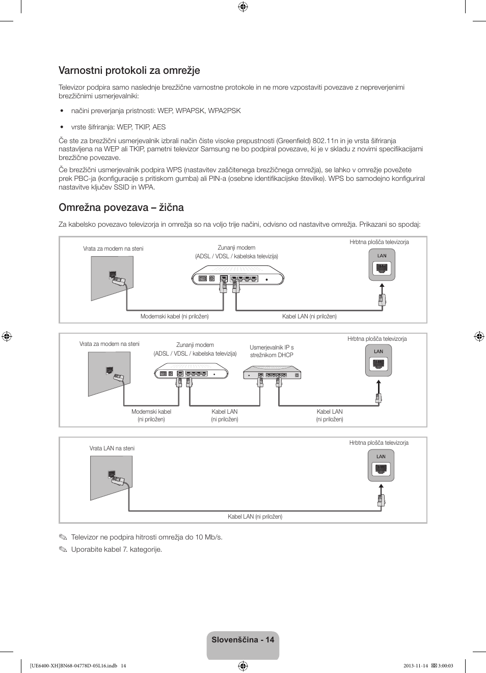 Varnostni protokoli za omrežje, Omrežna povezava – žična | Samsung UE40F6400AK User Manual | Page 302 / 385
