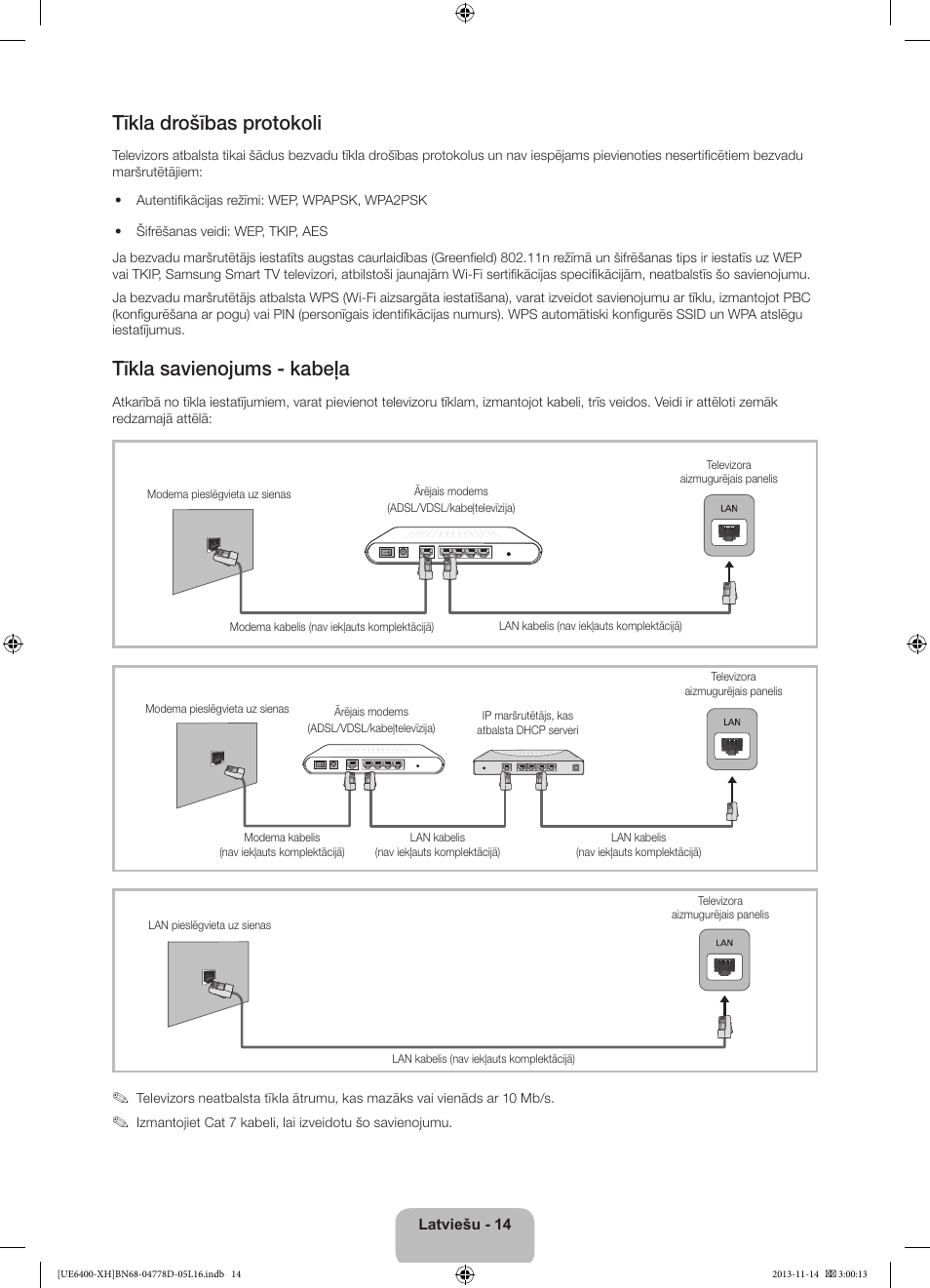 Tīkla drošības protokoli, Tīkla savienojums - kabeļa | Samsung UE40F6400AK User Manual | Page 326 / 385