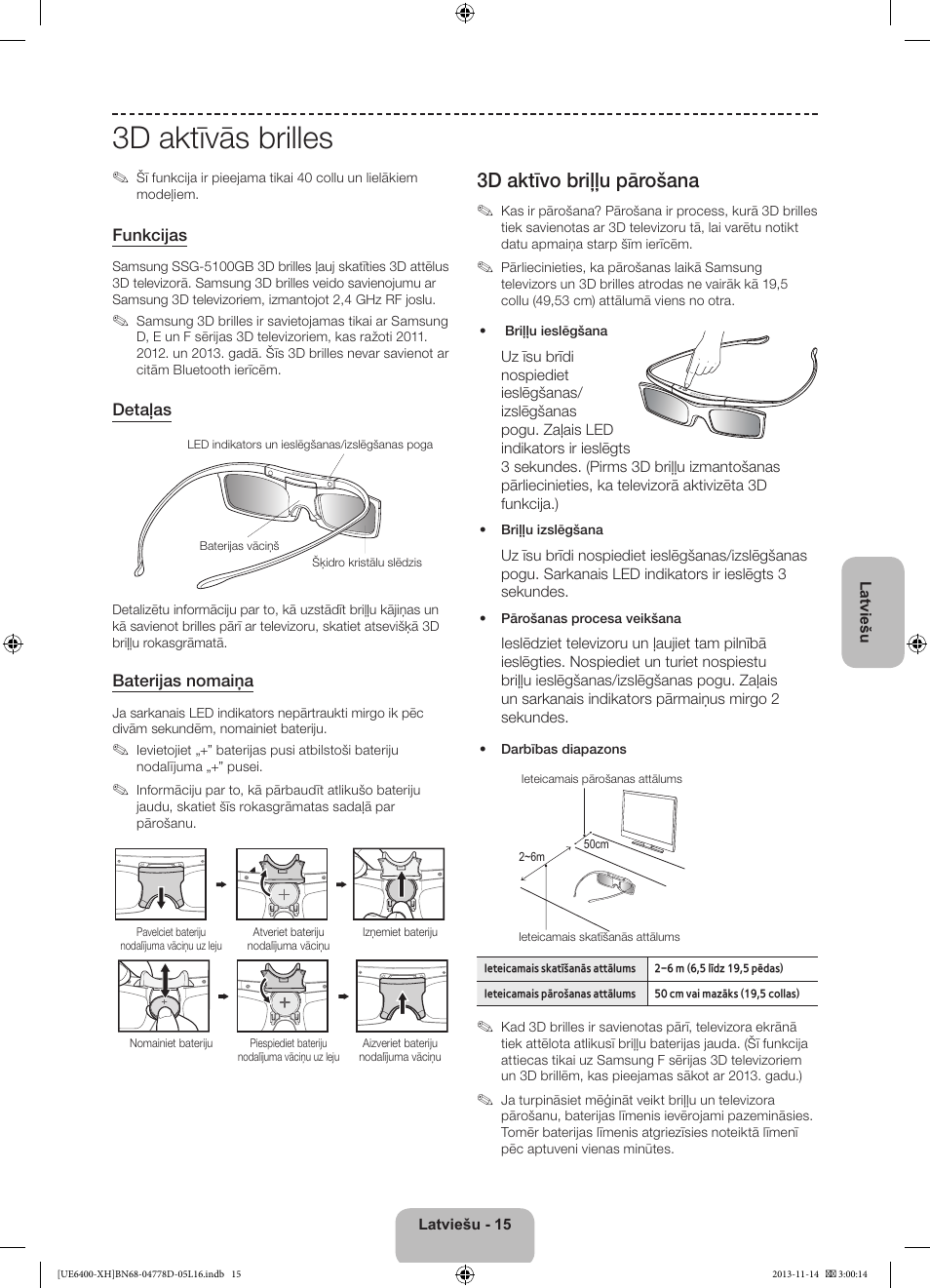 3d aktīvās brilles, 3d aktīvo briļļu pārošana | Samsung UE40F6400AK User Manual | Page 327 / 385