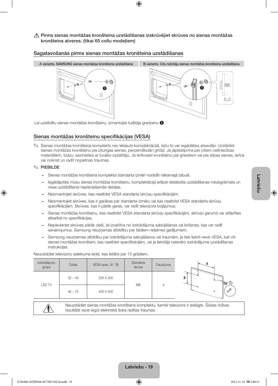 Sienas montāžas kronšteinu specifikācijas (vesa) | Samsung UE40F6400AK User Manual | Page 331 / 385