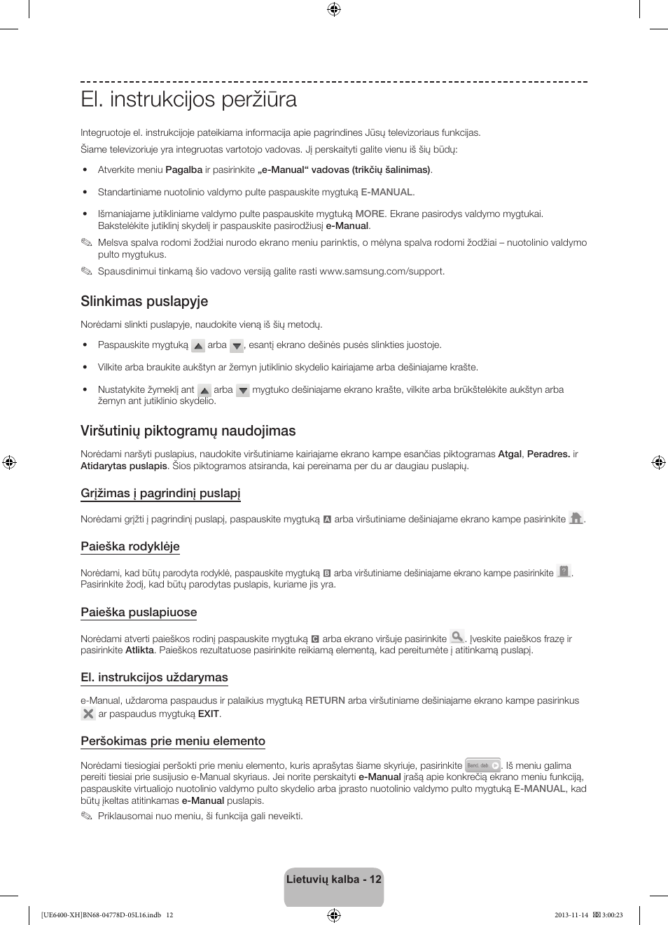 El. instrukcijos peržiūra, Slinkimas puslapyje, Viršutinių piktogramų naudojimas | Samsung UE40F6400AK User Manual | Page 348 / 385