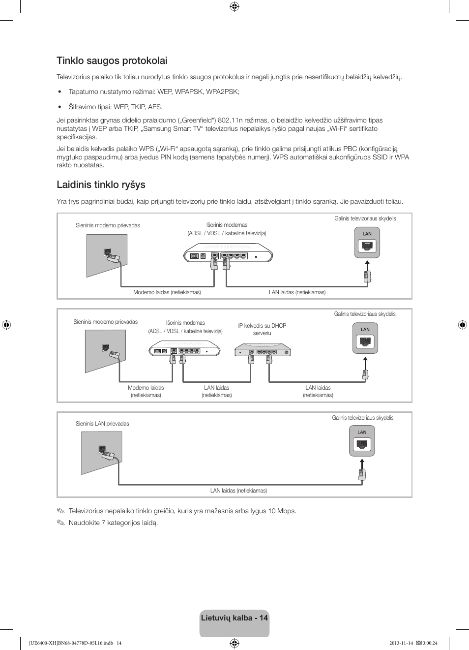 Tinklo saugos protokolai, Laidinis tinklo ryšys | Samsung UE40F6400AK User Manual | Page 350 / 385