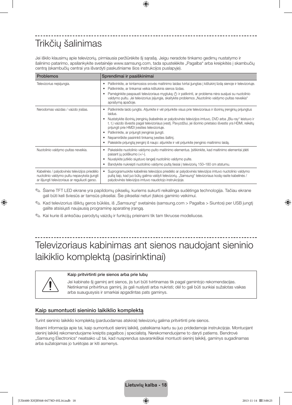 Trikčių šalinimas | Samsung UE40F6400AK User Manual | Page 354 / 385