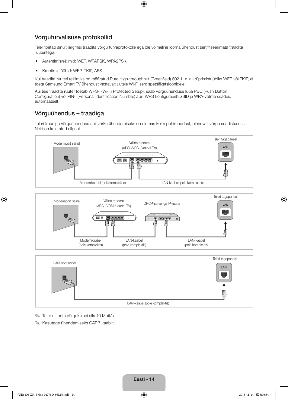 Võrguturvalisuse protokollid, Võrguühendus – traadiga | Samsung UE40F6400AK User Manual | Page 374 / 385