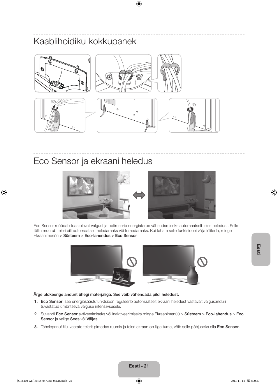 Kaablihoidiku kokkupanek, Eco sensor ja ekraani heledus | Samsung UE40F6400AK User Manual | Page 381 / 385