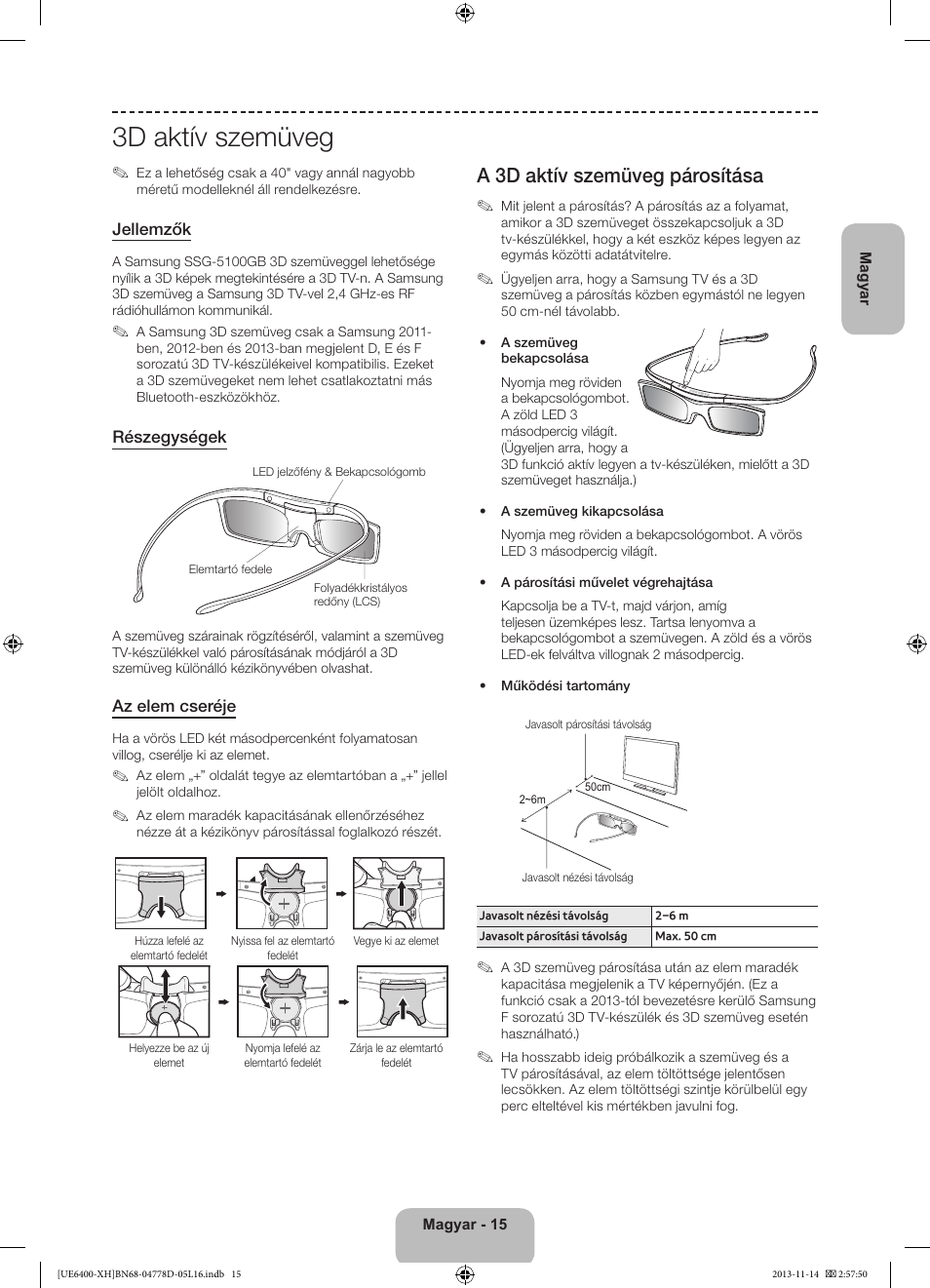 3d aktív szemüveg, A 3d aktív szemüveg párosítása | Samsung UE40F6400AK User Manual | Page 39 / 385