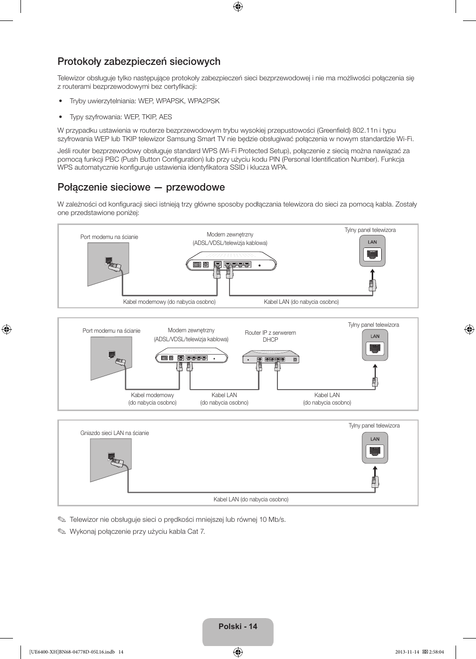 Protokoły zabezpieczeń sieciowych, Połączenie sieciowe — przewodowe | Samsung UE40F6400AK User Manual | Page 62 / 385