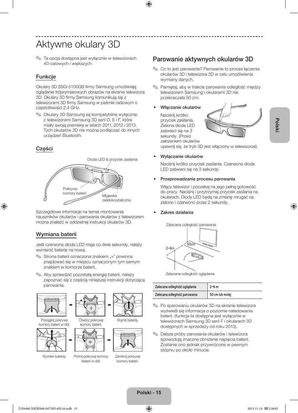 Aktywne okulary 3d, Parowanie aktywnych okularów 3d | Samsung UE40F6400AK User Manual | Page 63 / 385