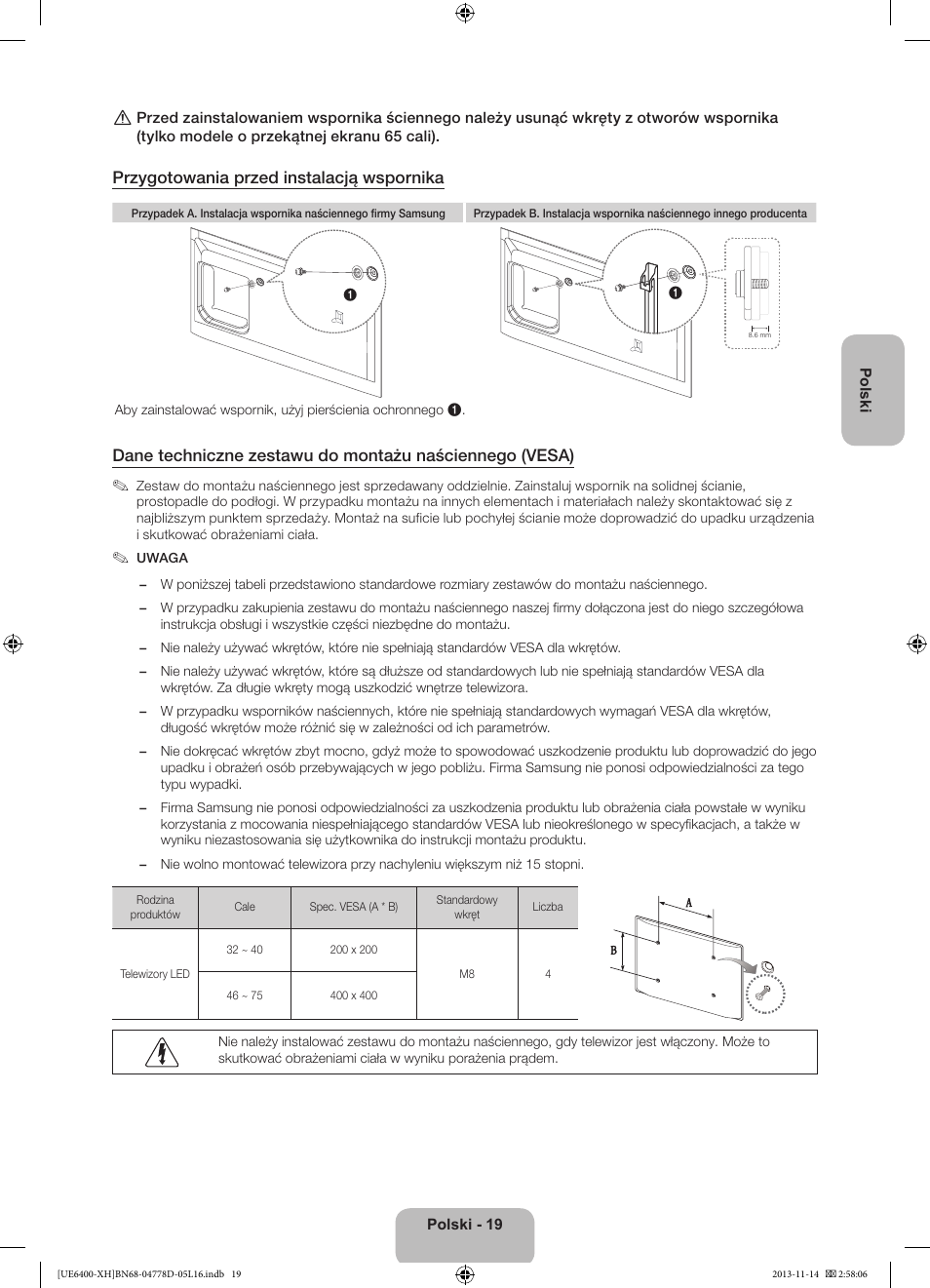 Przygotowania przed instalacją wspornika | Samsung UE40F6400AK User Manual | Page 67 / 385