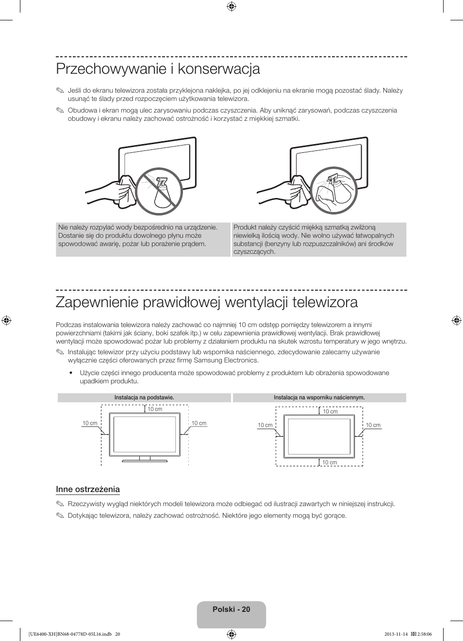 Przechowywanie i konserwacja, Zapewnienie prawidłowej wentylacji telewizora | Samsung UE40F6400AK User Manual | Page 68 / 385