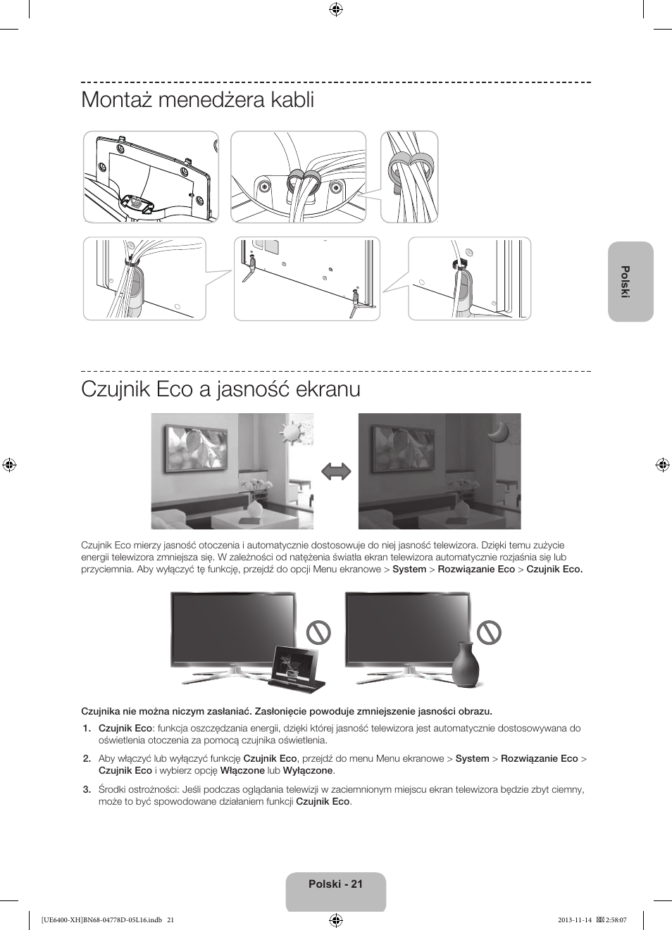 Montaż menedżera kabli, Czujnik eco a jasność ekranu | Samsung UE40F6400AK User Manual | Page 69 / 385