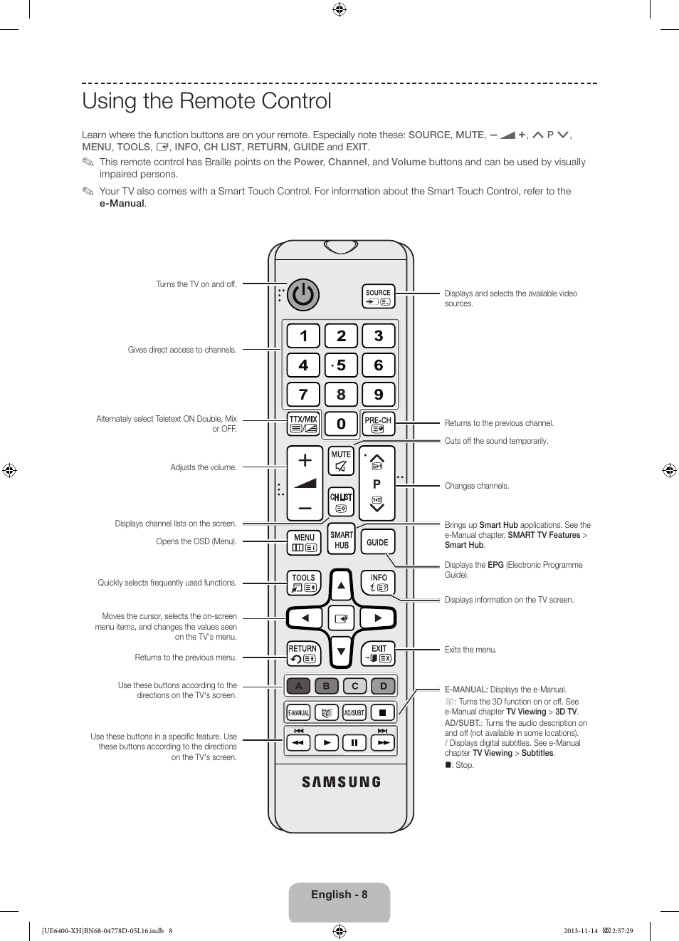 Using the remote control | Samsung UE40F6400AK User Manual | Page 8 / 385