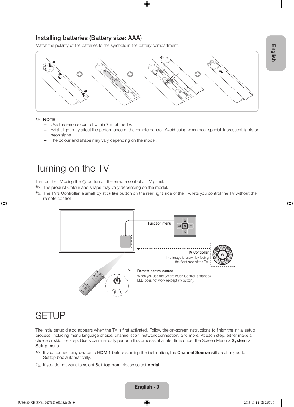 Turning on the tv, Setup, Installing batteries (battery size: aaa) | Samsung UE40F6400AK User Manual | Page 9 / 385
