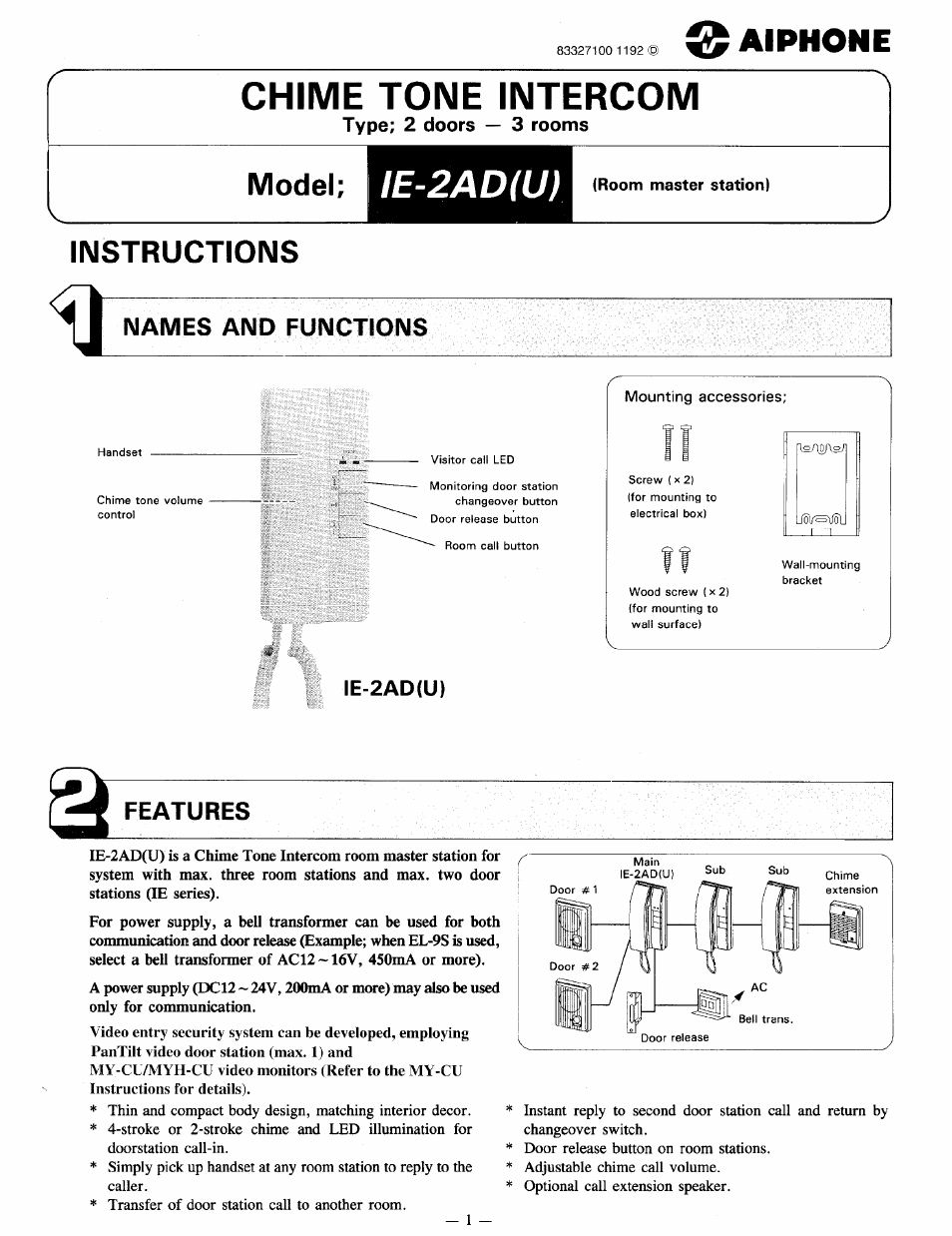 Aiphone IE-2AD(U) User Manual | 4 pages