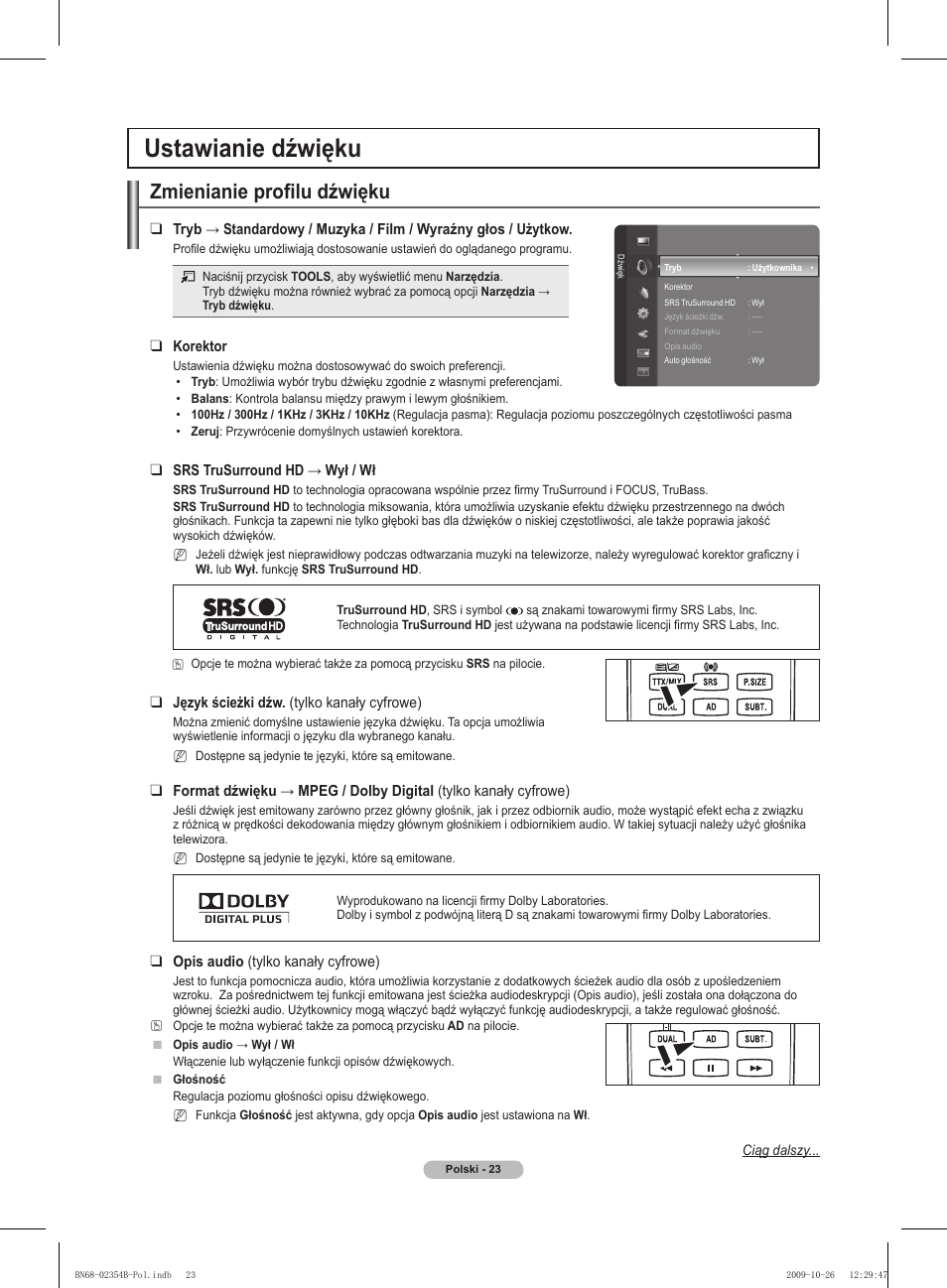 Ustawianie dźwięku, Zmienianie profilu dźwięku | Samsung PS42B451B2W User Manual | Page 101 / 393