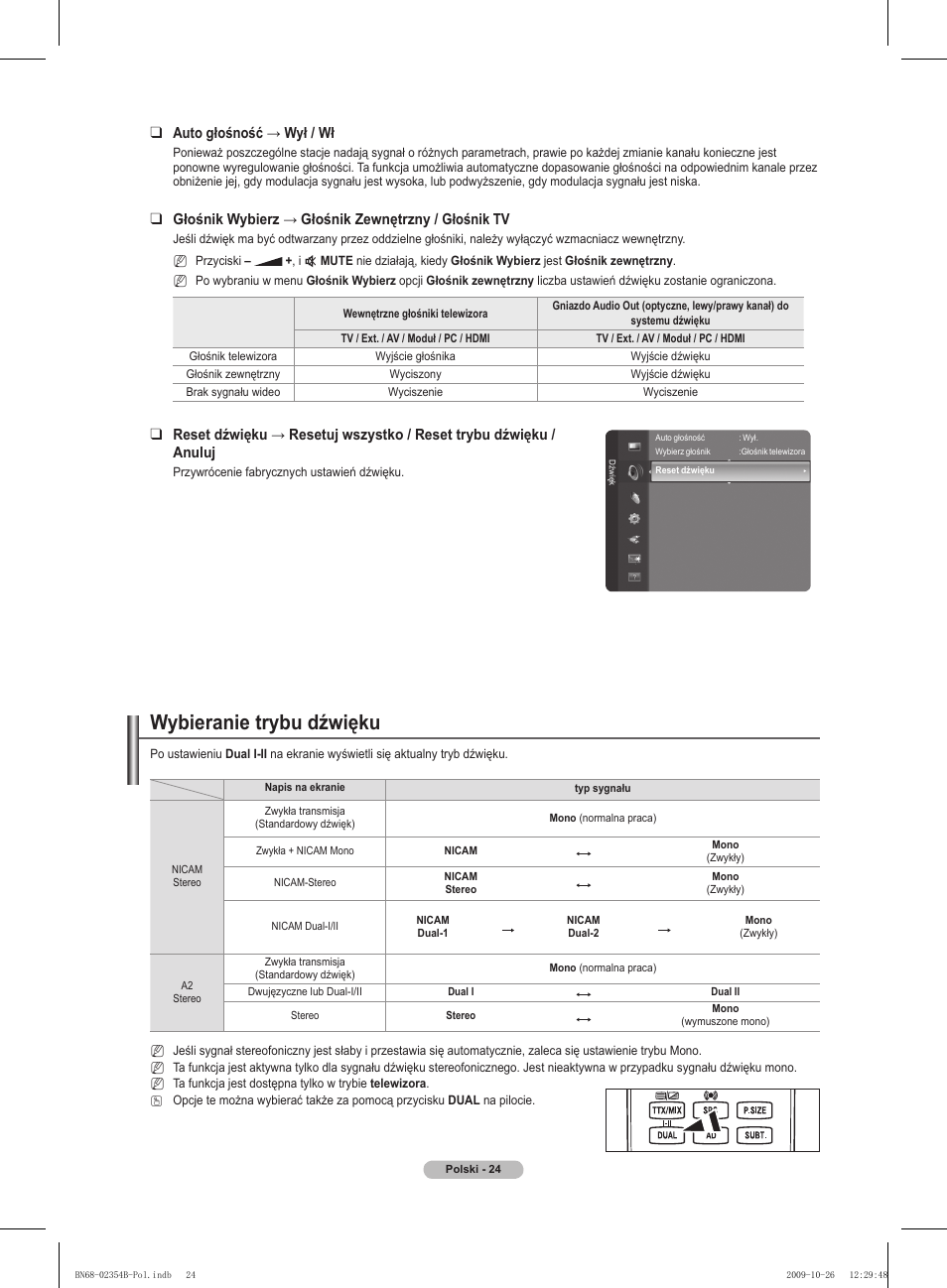Wybieranie trybu dźwięku, Auto głośność → wył / wł, Głośnik wybierz → głośnik zewnętrzny / głośnik tv | Samsung PS42B451B2W User Manual | Page 102 / 393