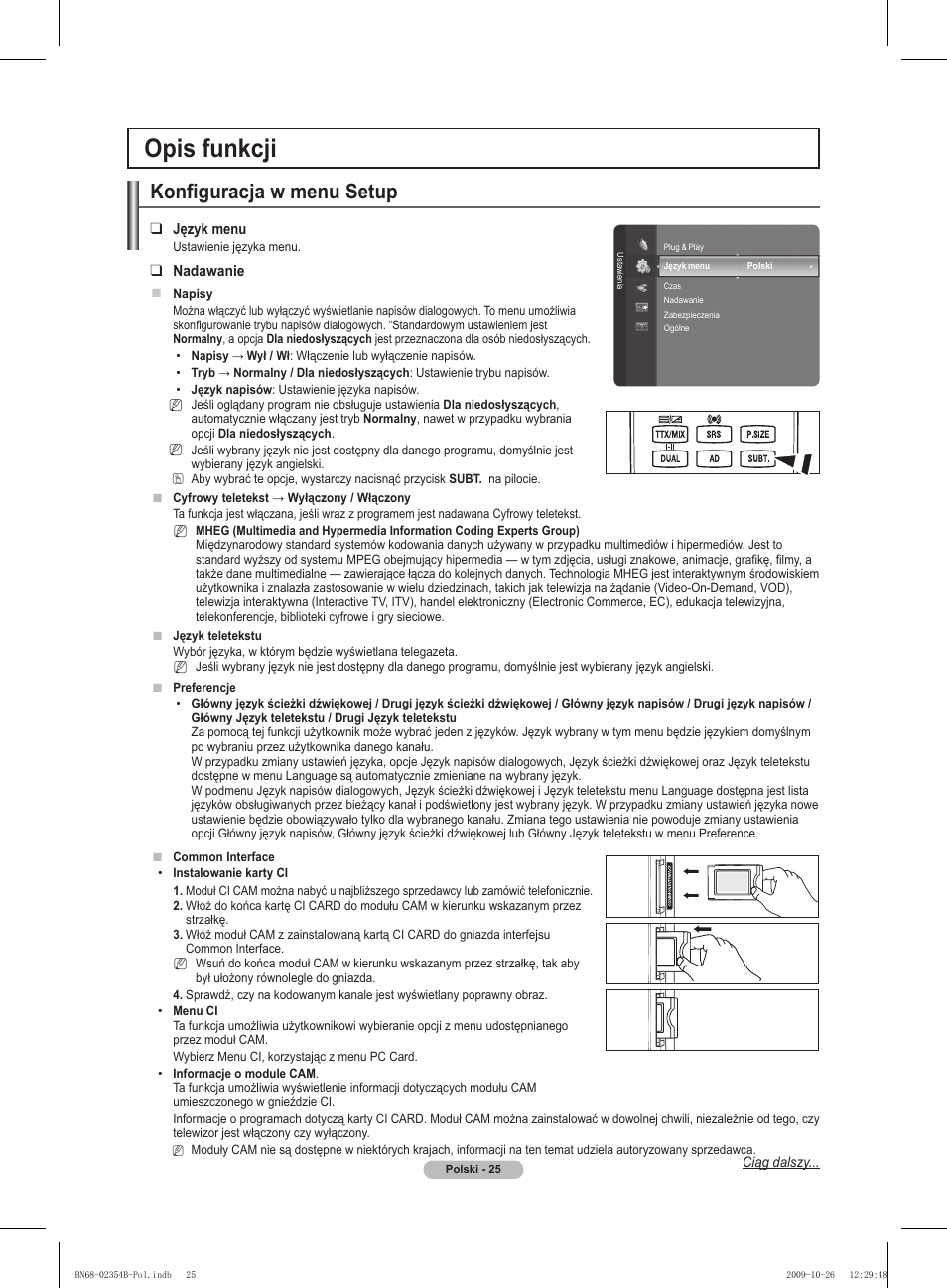 Opis funkcji, Konfiguracja w menu setup | Samsung PS42B451B2W User Manual | Page 103 / 393