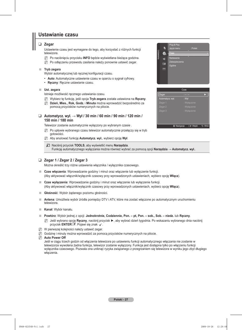 Ustawianie czasu, Zegar, Zegar 1 / zegar 2 / zegar 3 | Samsung PS42B451B2W User Manual | Page 105 / 393