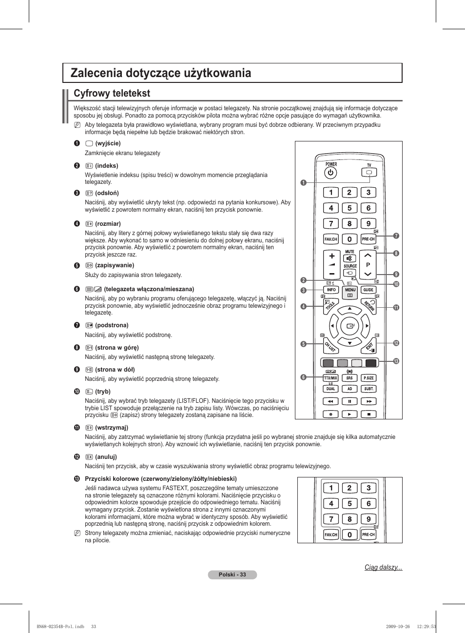 Zalecenia dotyczące użytkowania, Cyfrowy teletekst | Samsung PS42B451B2W User Manual | Page 111 / 393