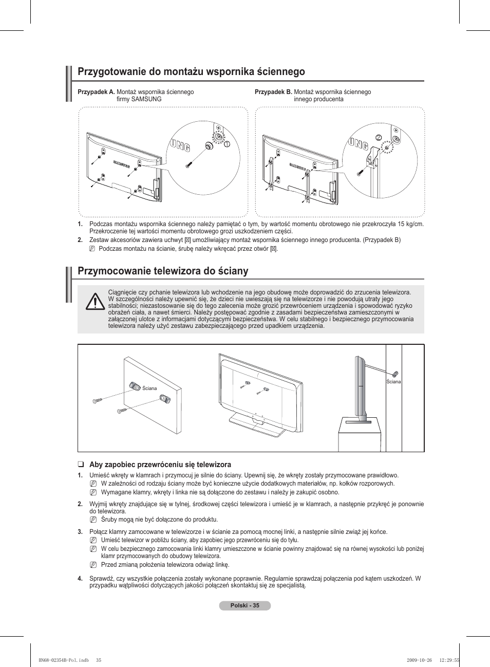 경고 주의 경고 주의, Przymocowanie telewizora do ściany, Przygotowanie do montażu wspornika ściennego | Samsung PS42B451B2W User Manual | Page 113 / 393
