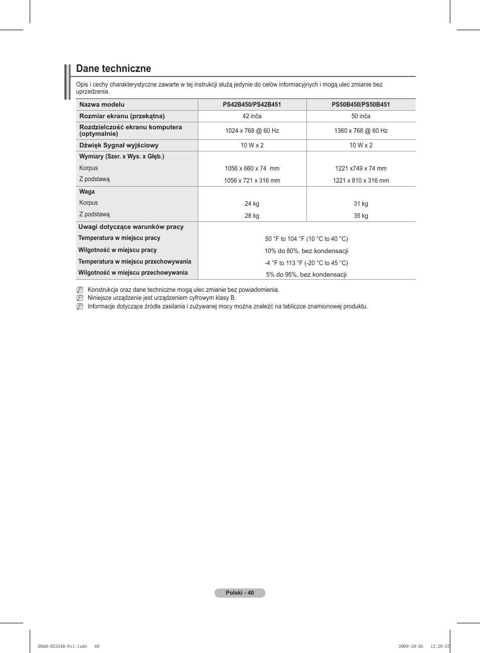 Dane techniczne | Samsung PS42B451B2W User Manual | Page 118 / 393