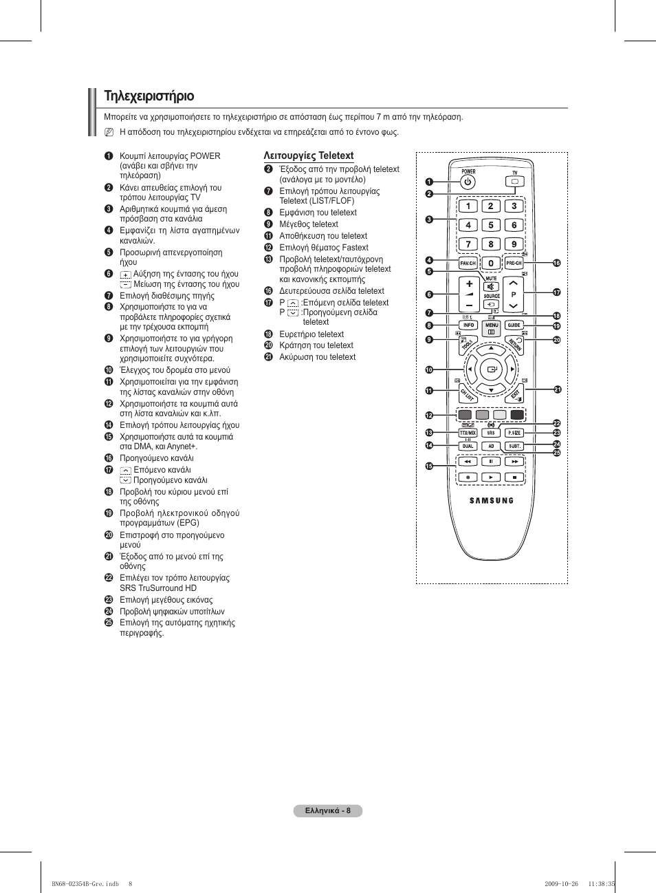 Τηλεχειριστήριο | Samsung PS42B451B2W User Manual | Page 125 / 393