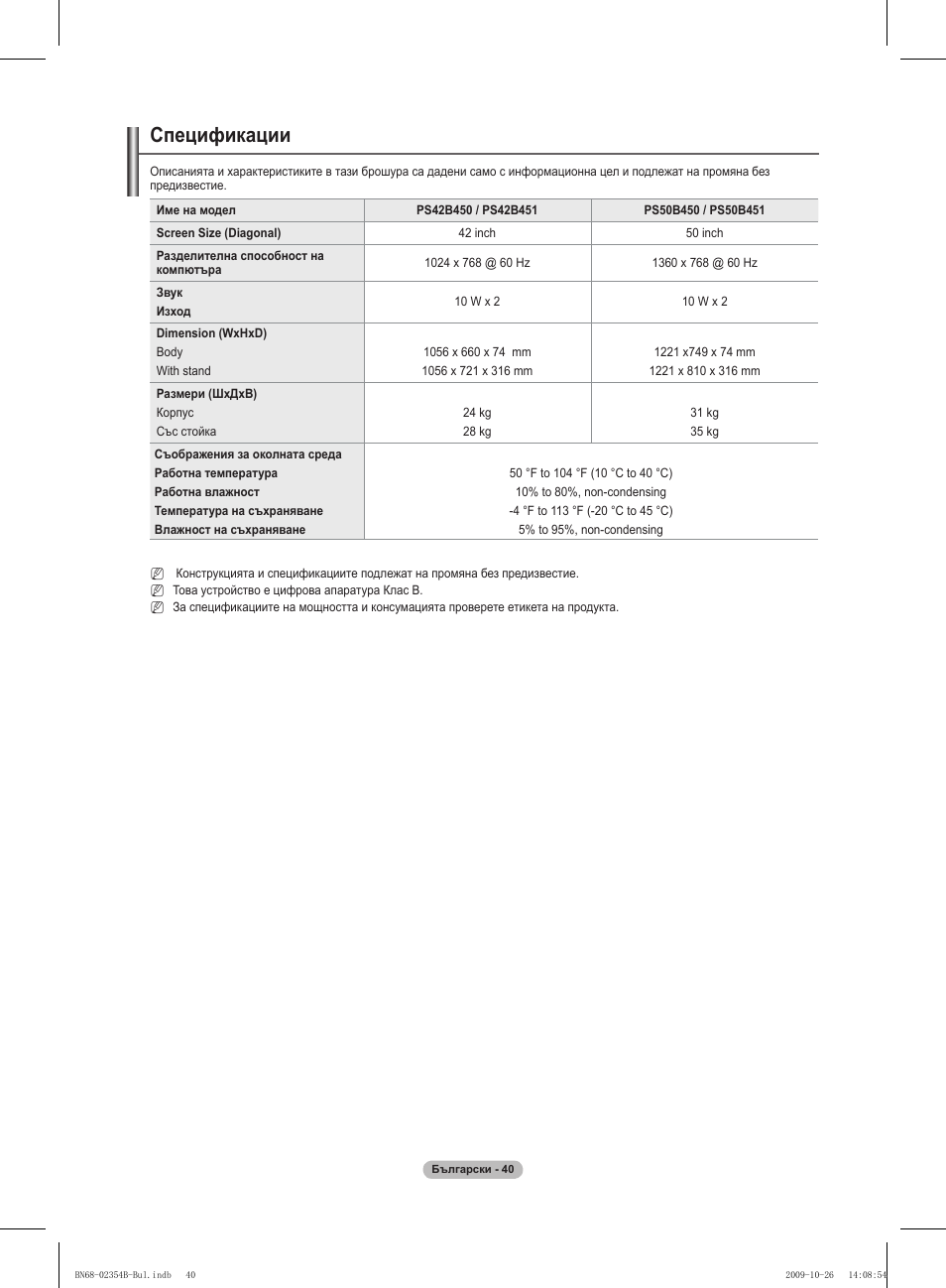Спецификации | Samsung PS42B451B2W User Manual | Page 196 / 393