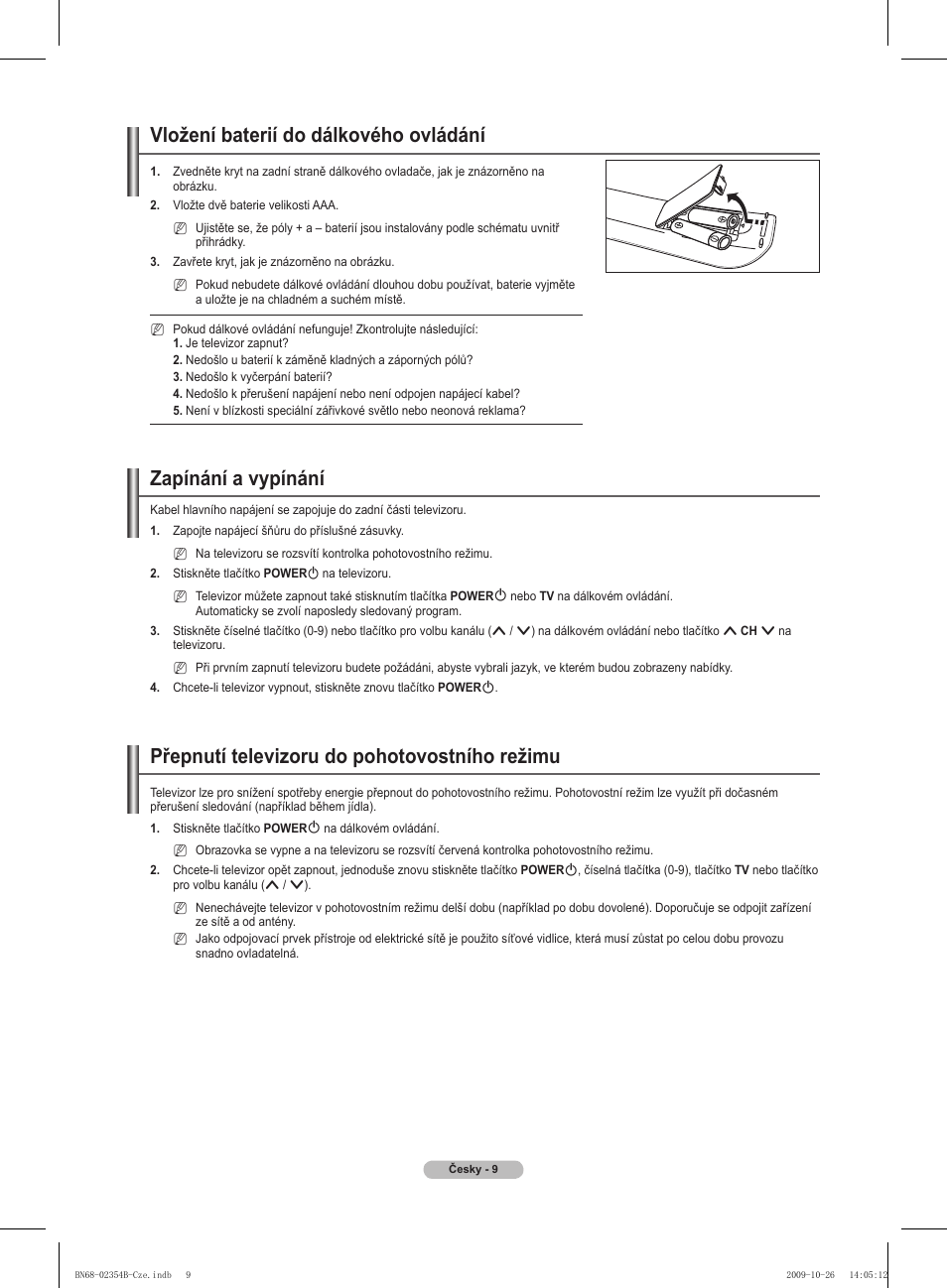 Vložení baterií do dálkového ovládání, Zapínání a vypínání, Přepnutí televizoru do pohotovostního režimu | Samsung PS42B451B2W User Manual | Page 204 / 393