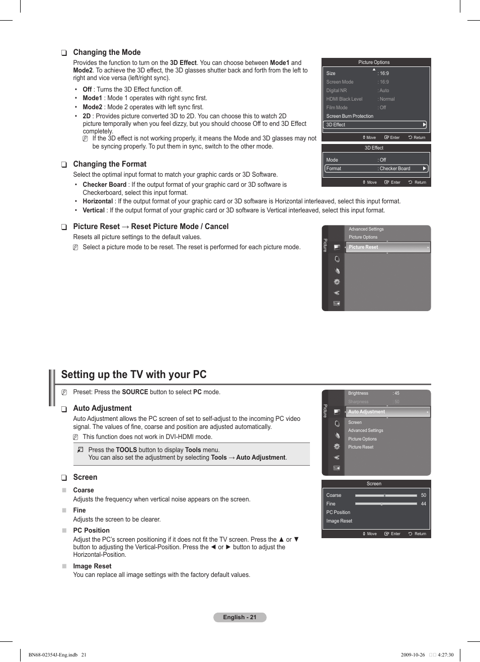 Setting up the tv with your pc, Auto adjustment, Screen | Changing the mode, Changing the format, Picture reset → reset picture mode / cancel | Samsung PS42B451B2W User Manual | Page 21 / 393