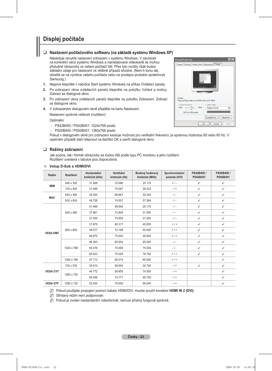 Displej počítače, Režimy zobrazení | Samsung PS42B451B2W User Manual | Page 217 / 393