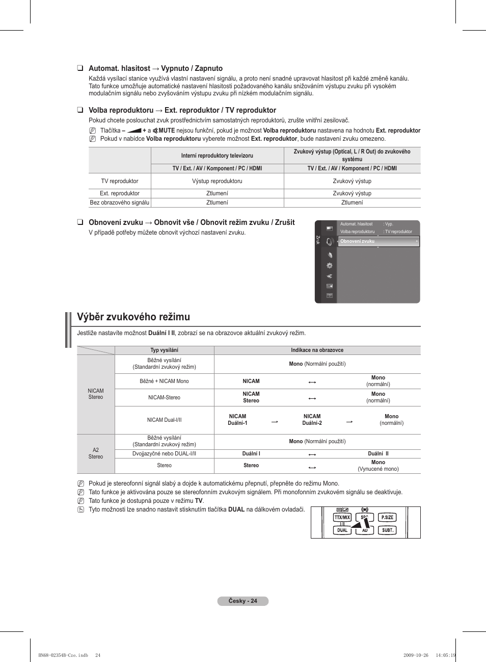 Výběr zvukového režimu, Automat. hlasitost → vypnuto / zapnuto | Samsung PS42B451B2W User Manual | Page 219 / 393