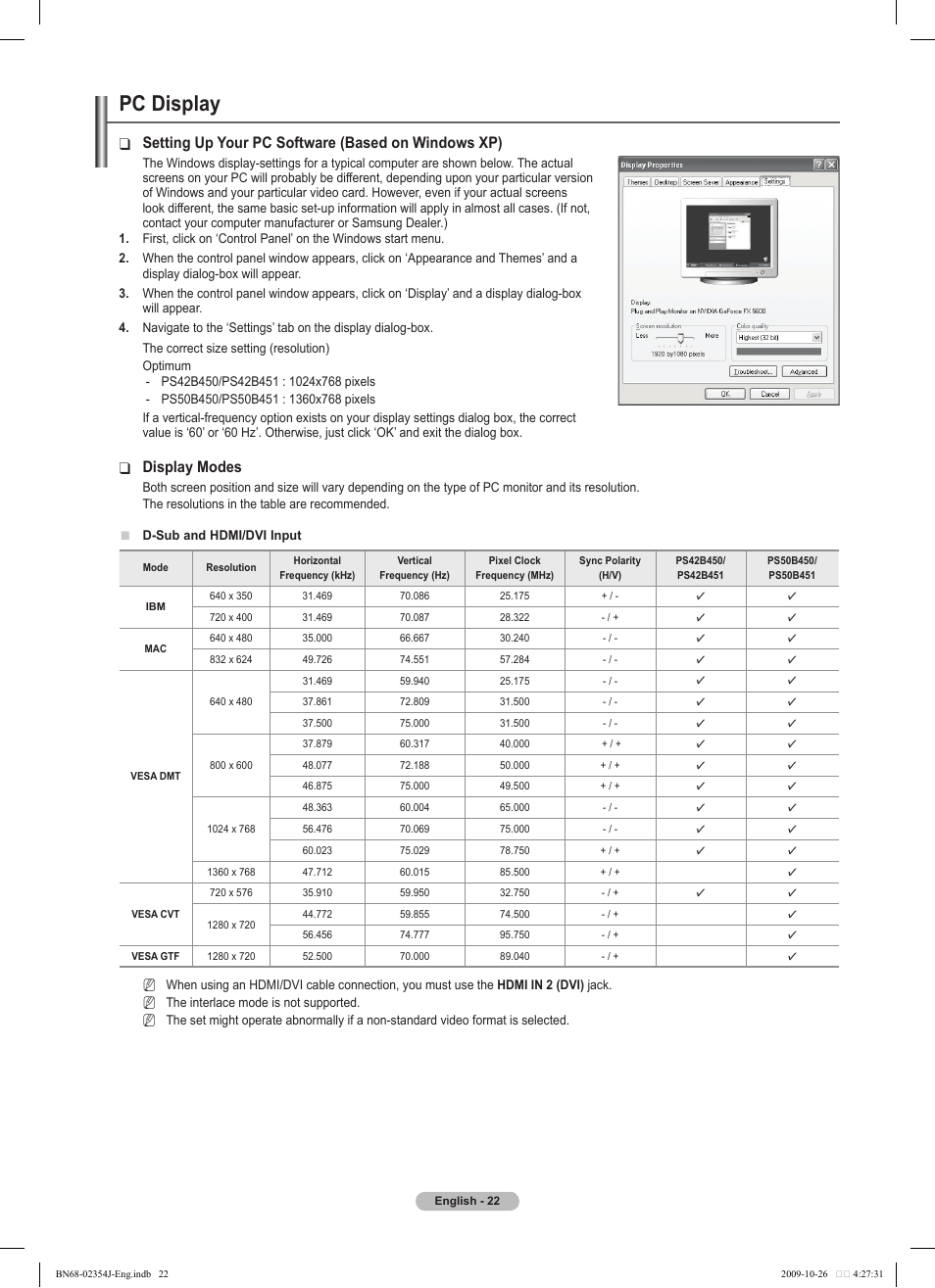 Pc display, Setting up your pc software (based on windows xp), Display modes | Samsung PS42B451B2W User Manual | Page 22 / 393