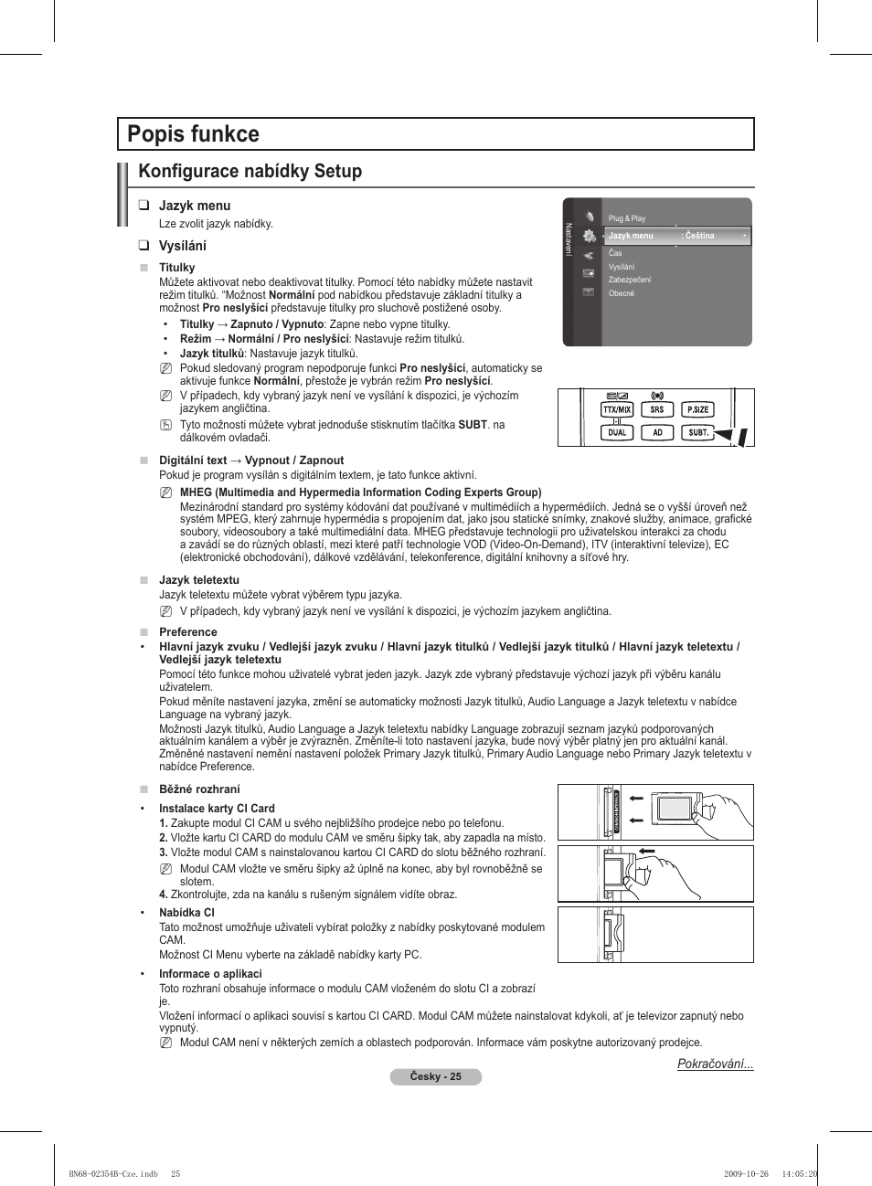 Popis funkce, Konfigurace nabídky setup | Samsung PS42B451B2W User Manual | Page 220 / 393