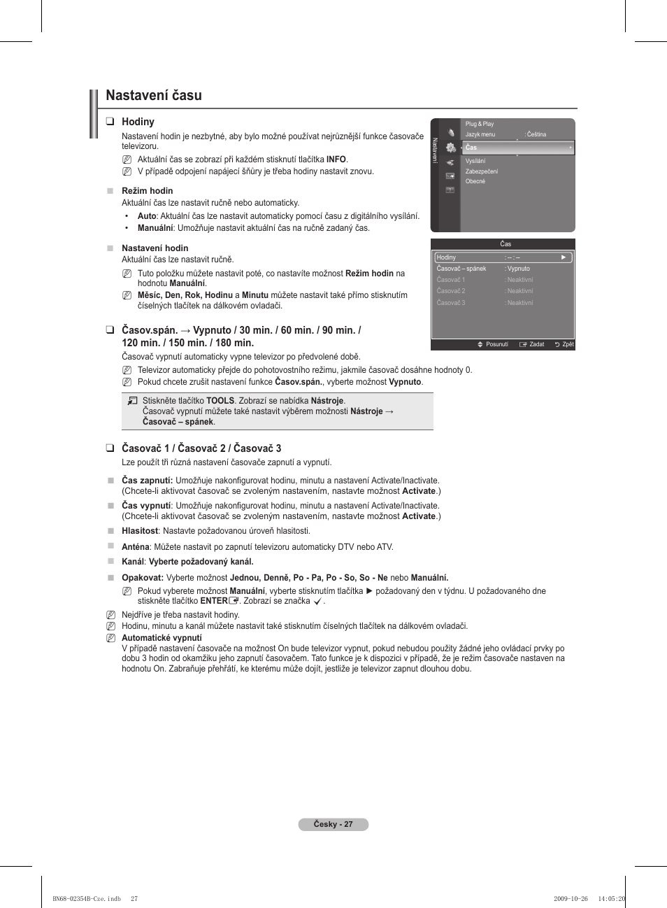 Nastavení času, Hodiny, Časovač 1 / časovač  / časovač 3 | Samsung PS42B451B2W User Manual | Page 222 / 393