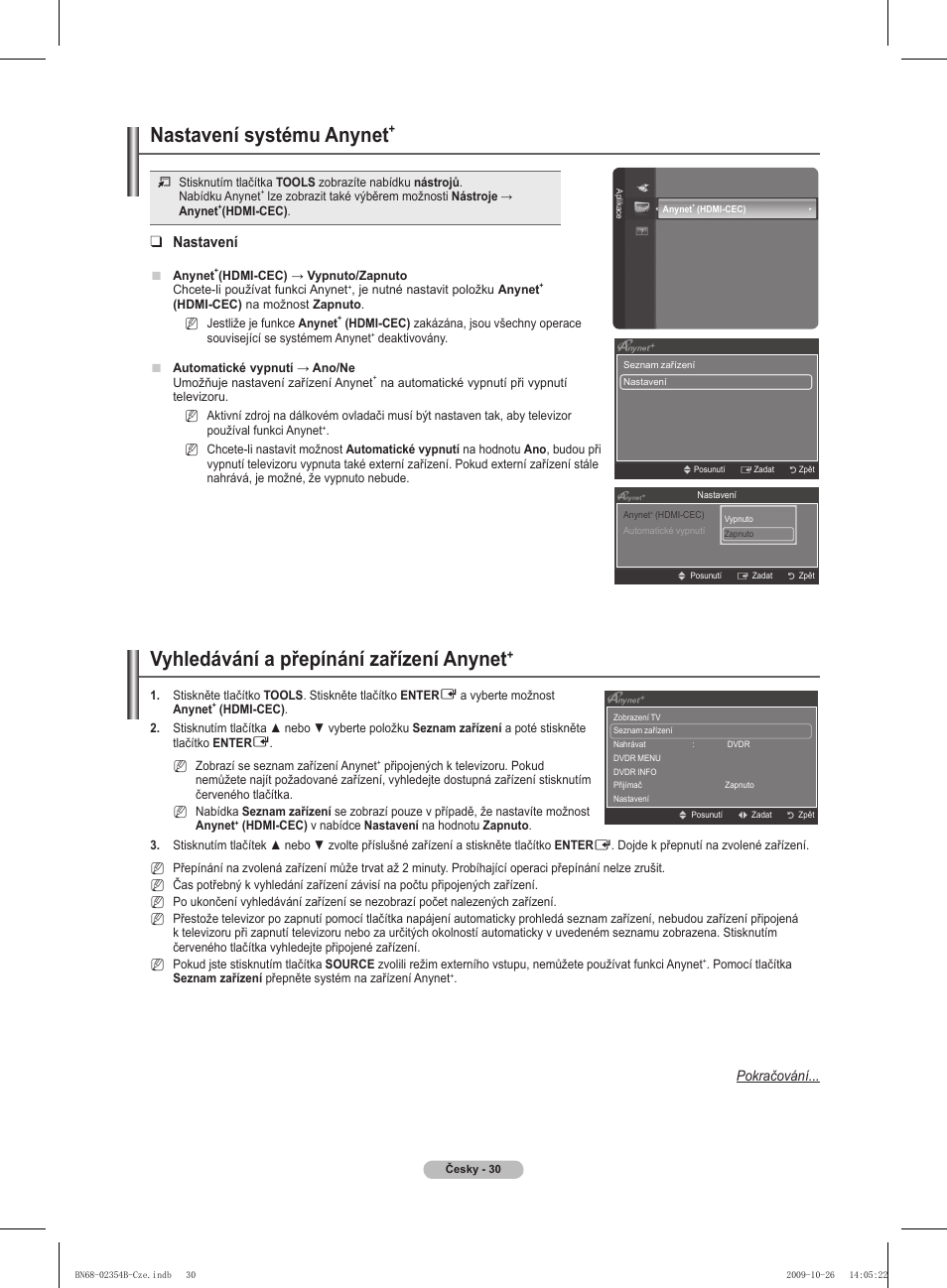 Vyhledávání a přepínání zařízení anynet, Nastavení systému anynet, Nastavení | Pokračování | Samsung PS42B451B2W User Manual | Page 225 / 393