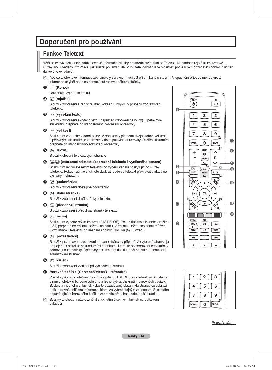 Doporučení pro používání, Funkce teletext | Samsung PS42B451B2W User Manual | Page 228 / 393