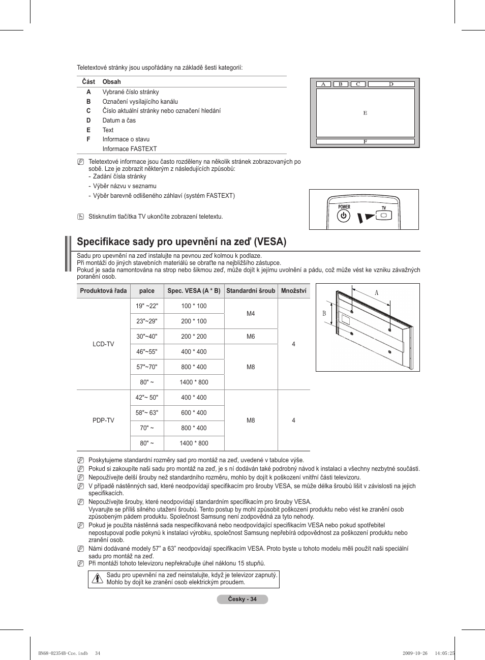 Specifikace sady pro upevnění na zeď (vesa) | Samsung PS42B451B2W User Manual | Page 229 / 393