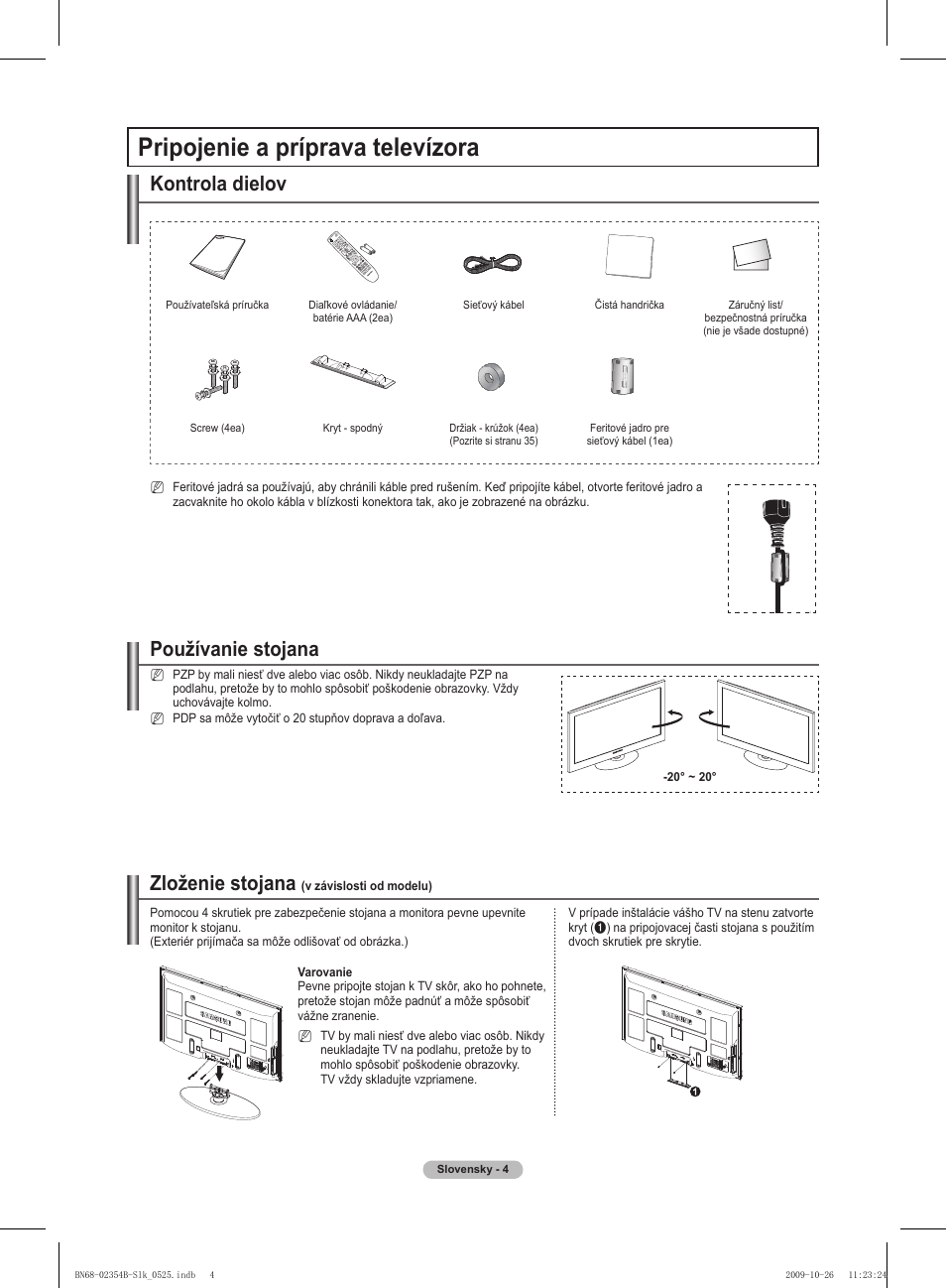 Pripojenie a príprava televízora, Kontrola dielov, Používanie stojana | Zloženie stojana | Samsung PS42B451B2W User Manual | Page 238 / 393