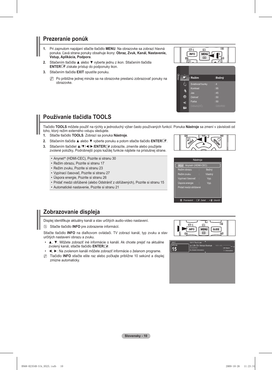 Prezeranie ponúk, Používanie tlačidla tools, Zobrazovanie displeja | Samsung PS42B451B2W User Manual | Page 244 / 393