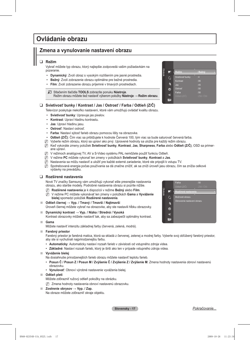 Ovládanie obrazu, Zmena a vynulovanie nastavení obrazu, Režim | Rozšírené nastavenia | Samsung PS42B451B2W User Manual | Page 251 / 393