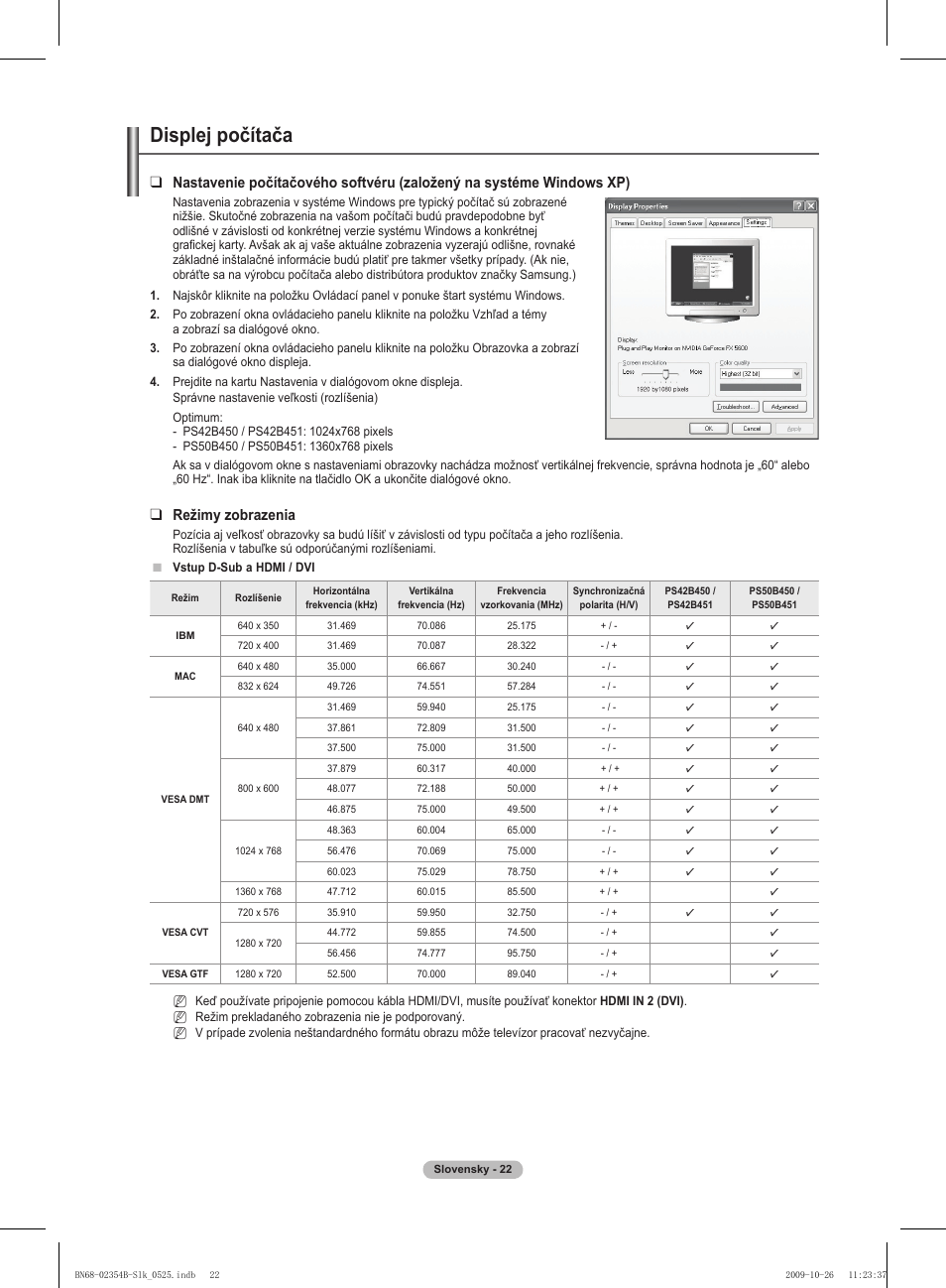 Displej počítača, Režimy zobrazenia | Samsung PS42B451B2W User Manual | Page 256 / 393