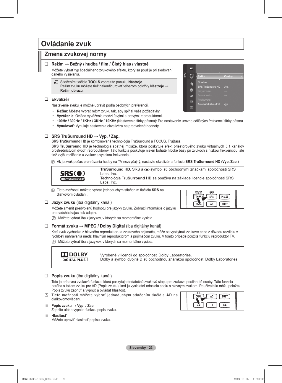 Ovládanie zvuk, Zmena zvukovej normy | Samsung PS42B451B2W User Manual | Page 257 / 393