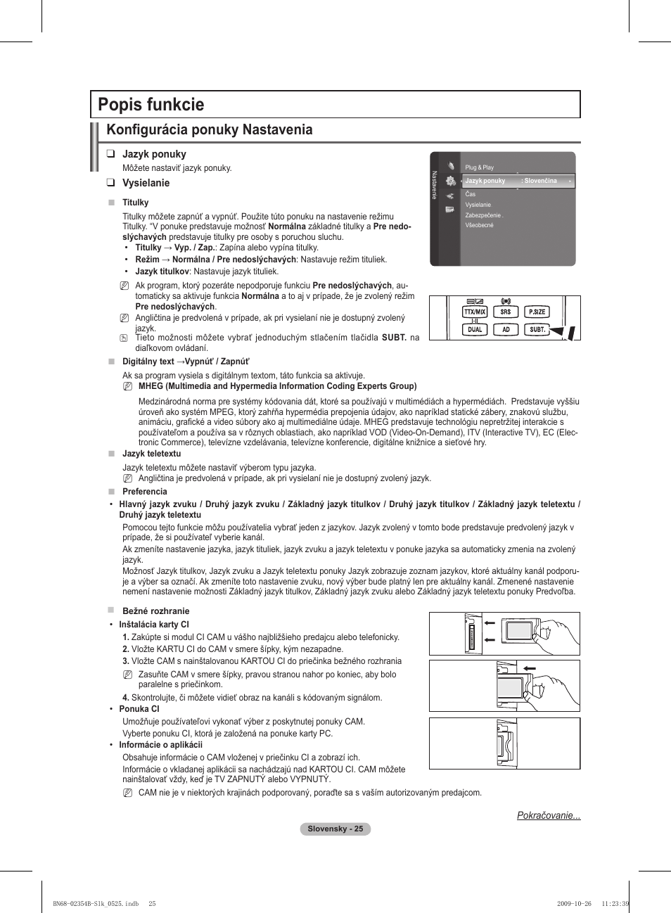Popis funkcie, Konfigurácia ponuky nastavenia | Samsung PS42B451B2W User Manual | Page 259 / 393