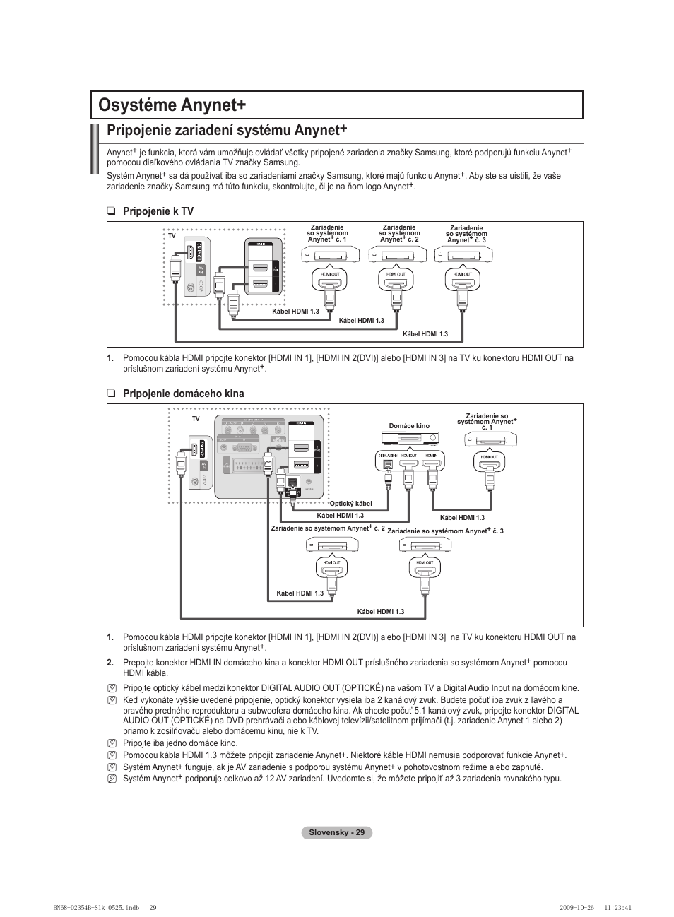 Osystéme anynet, Pripojenie zariadení systému anynet, Pripojenie k tv | Pripojenie domáceho kina | Samsung PS42B451B2W User Manual | Page 263 / 393