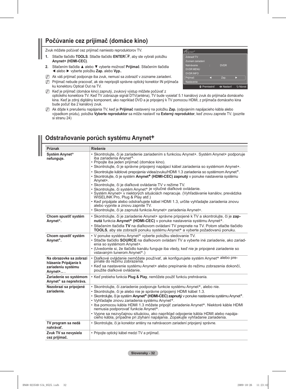 Počúvanie cez prijímač (domáce kino), Odstraňovanie porúch systému anynet | Samsung PS42B451B2W User Manual | Page 266 / 393