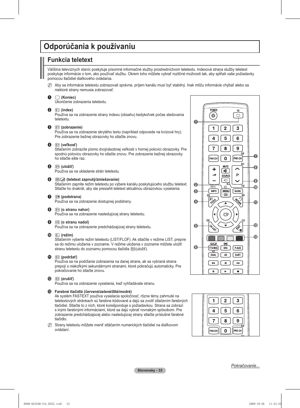 Odporúčania k používaniu, Funkcia teletext | Samsung PS42B451B2W User Manual | Page 267 / 393