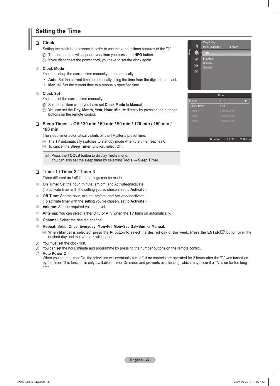 Setting the time, Clock, 180 min | Timer 1 / timer 2 / timer 3 | Samsung PS42B451B2W User Manual | Page 27 / 393