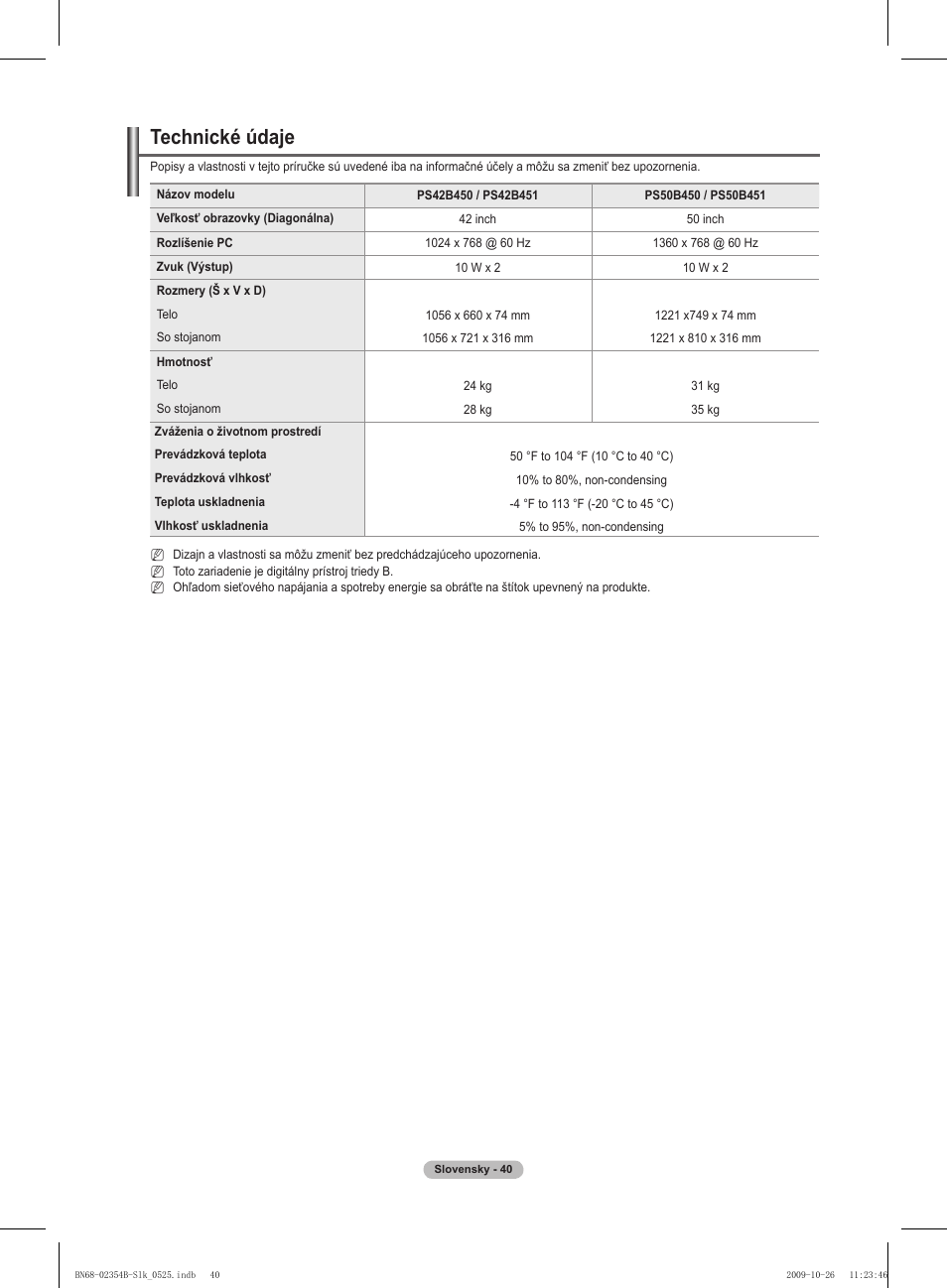 Technické údaje | Samsung PS42B451B2W User Manual | Page 274 / 393